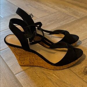 Charles David Black Suede Cork Wedge Sandals Shoes 9 EUC